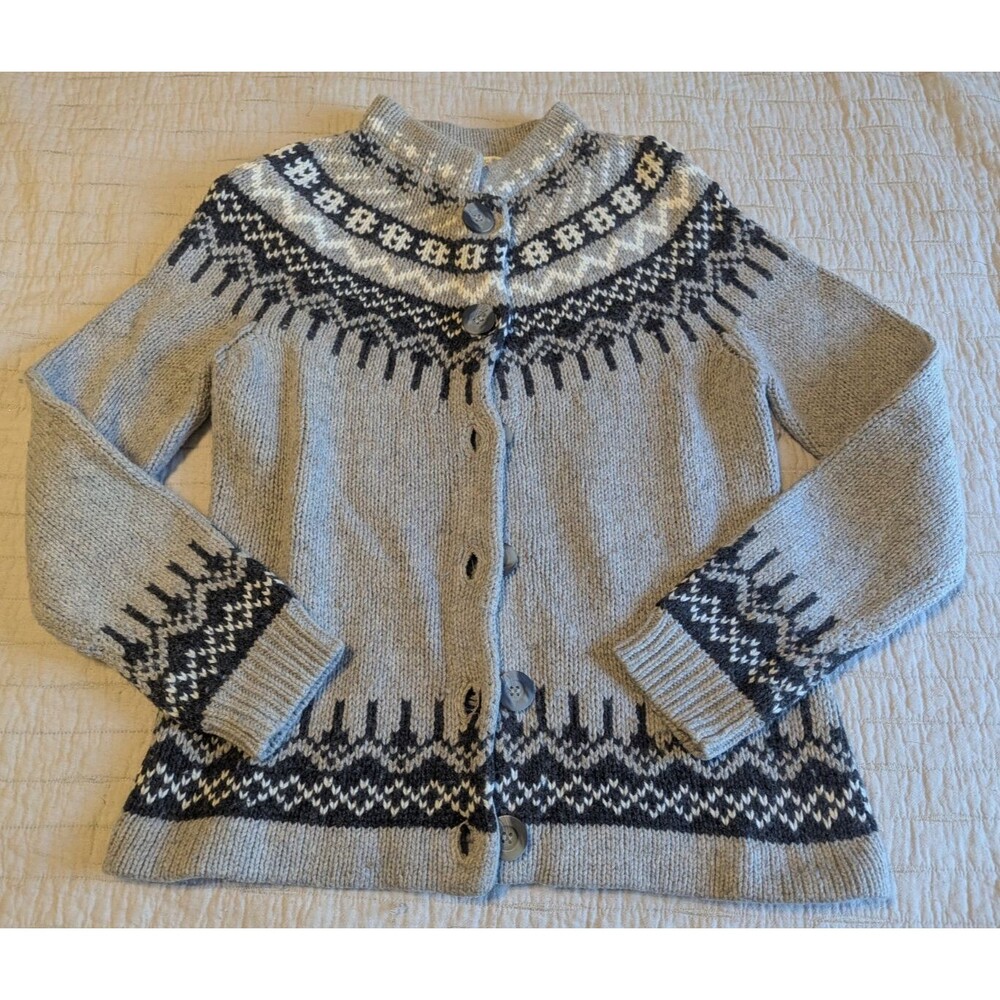 Cambridge Dry Goods Women's Gray White Sweater Size M Wool Button Close Cardigan
